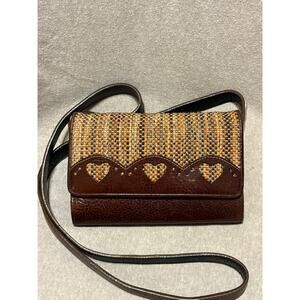 Brighton Brown Leather Woven Wallet Crossbody Removable Strap EUC
